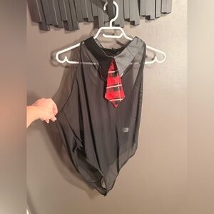 *New* Black Sheer Body Suit with Red Plaid Tie and Matching Skirt.